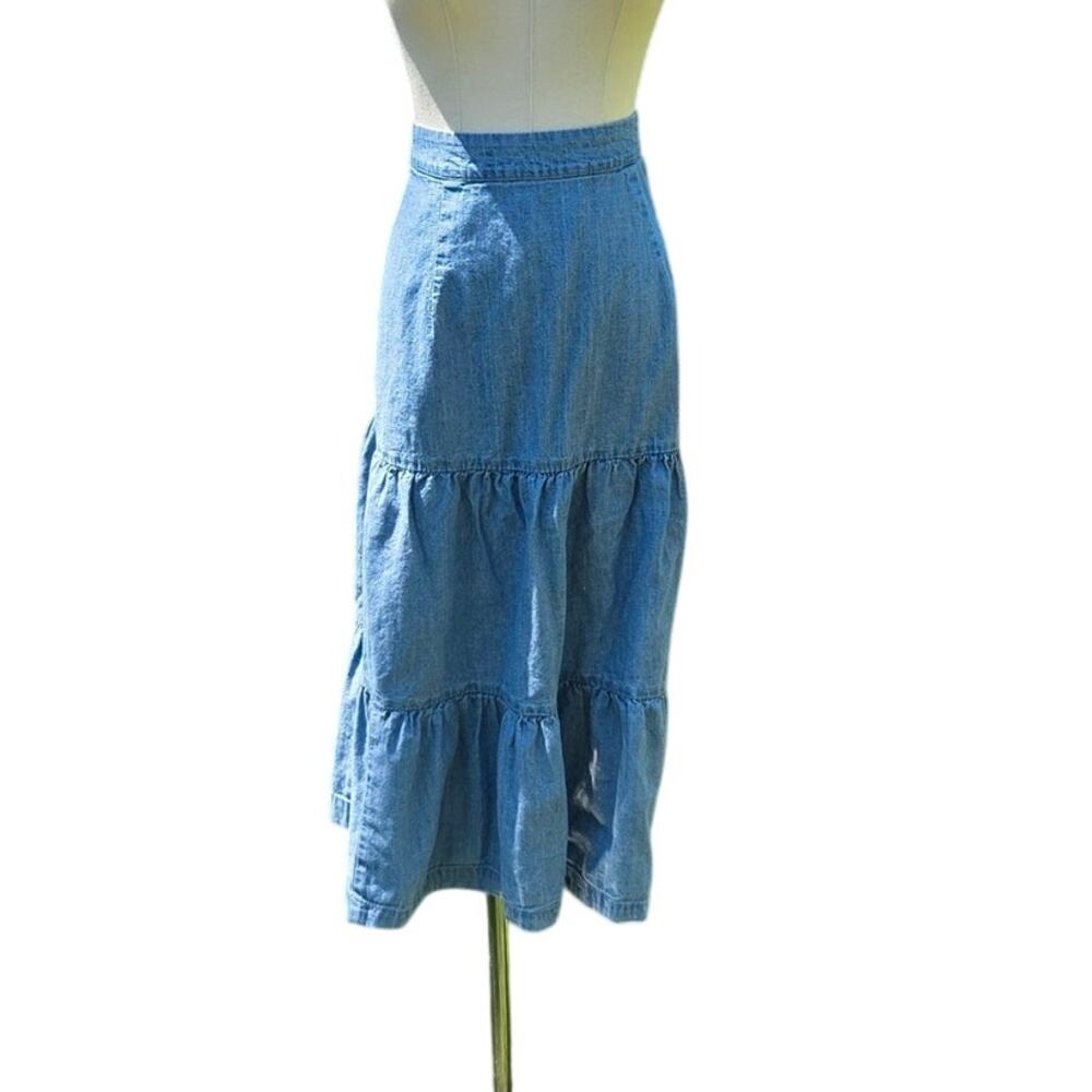 St. John's Bay Blue Tiered Chambray Midi Skirt Boho Prairie Style Womens Size L